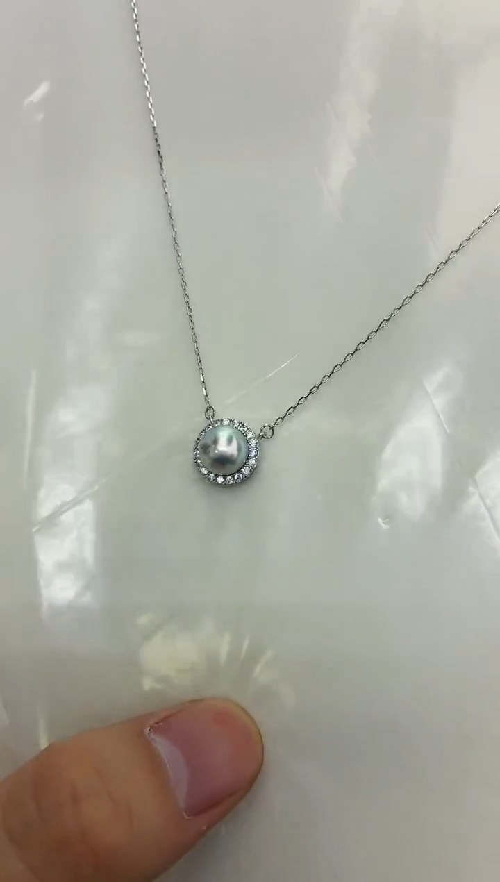 银S925镶嵌DA海水珍珠灰珠吊坠8-9 BQ324