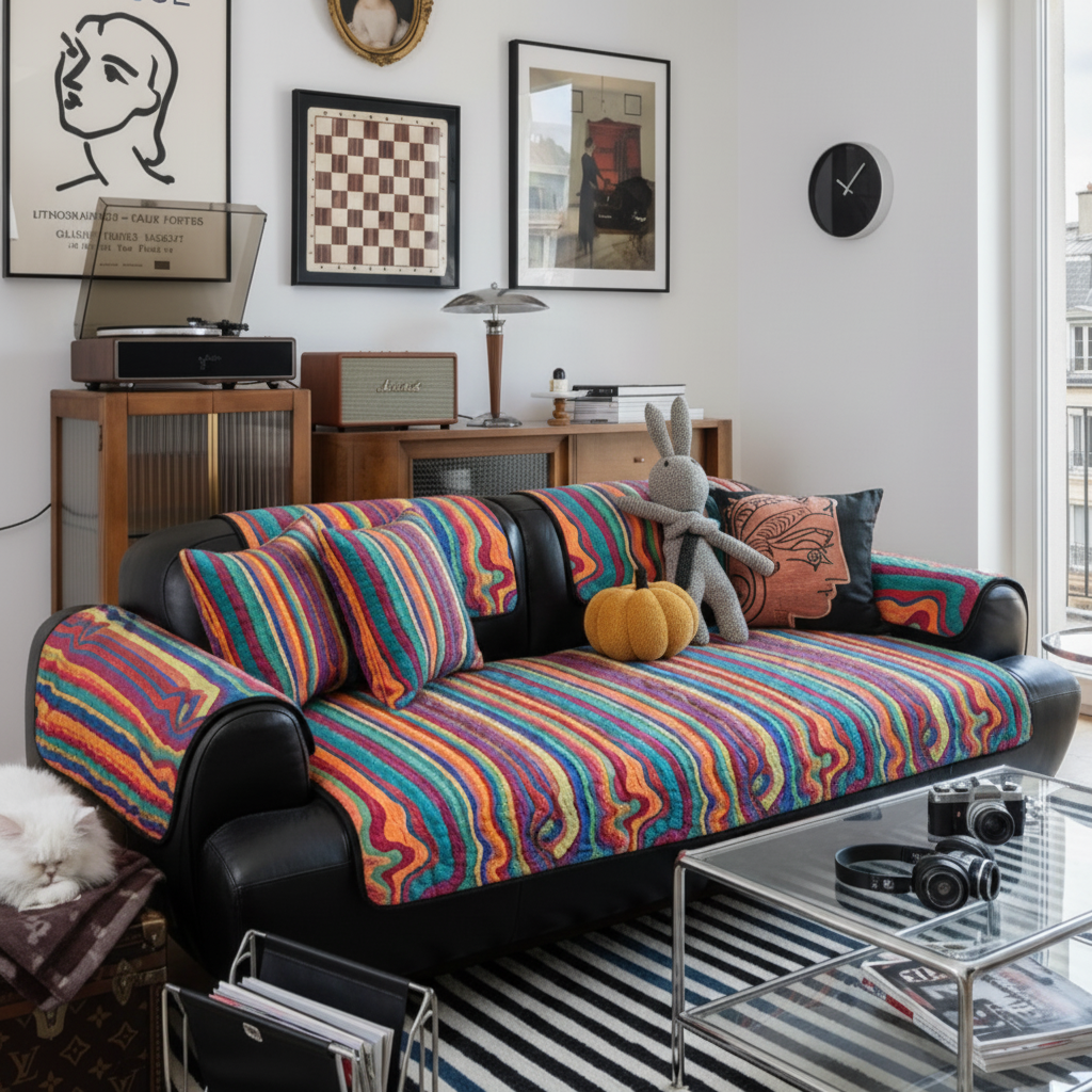 设计师款彩虹色几何条纹沙发垫四季通用防滑沙发坐垫高档沙发盖巾