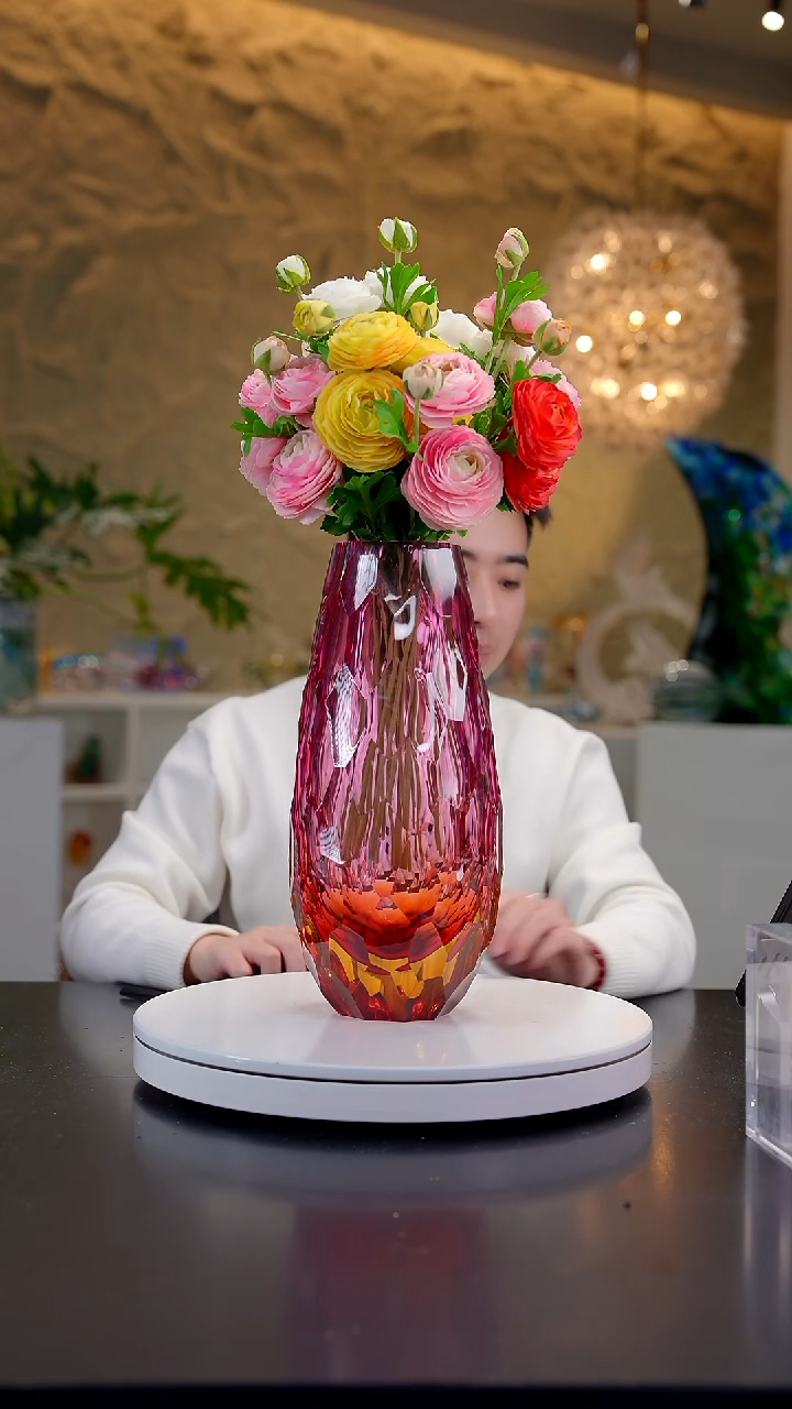 手工艺品琉璃金红琥珀色凹切面花器