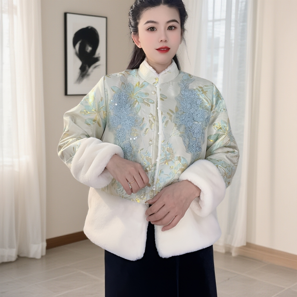 北栀亮片2棉服女装立领长袖棉衣刺绣棉服加绒加厚冬季双面穿棉衣