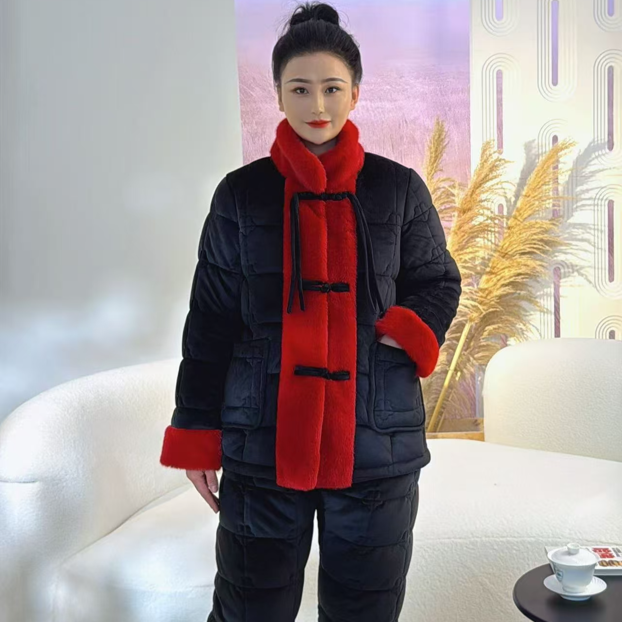 Q5001冬季加厚加绒保暖睡衣套装时尚立领洋气盘扣秋冬家居服