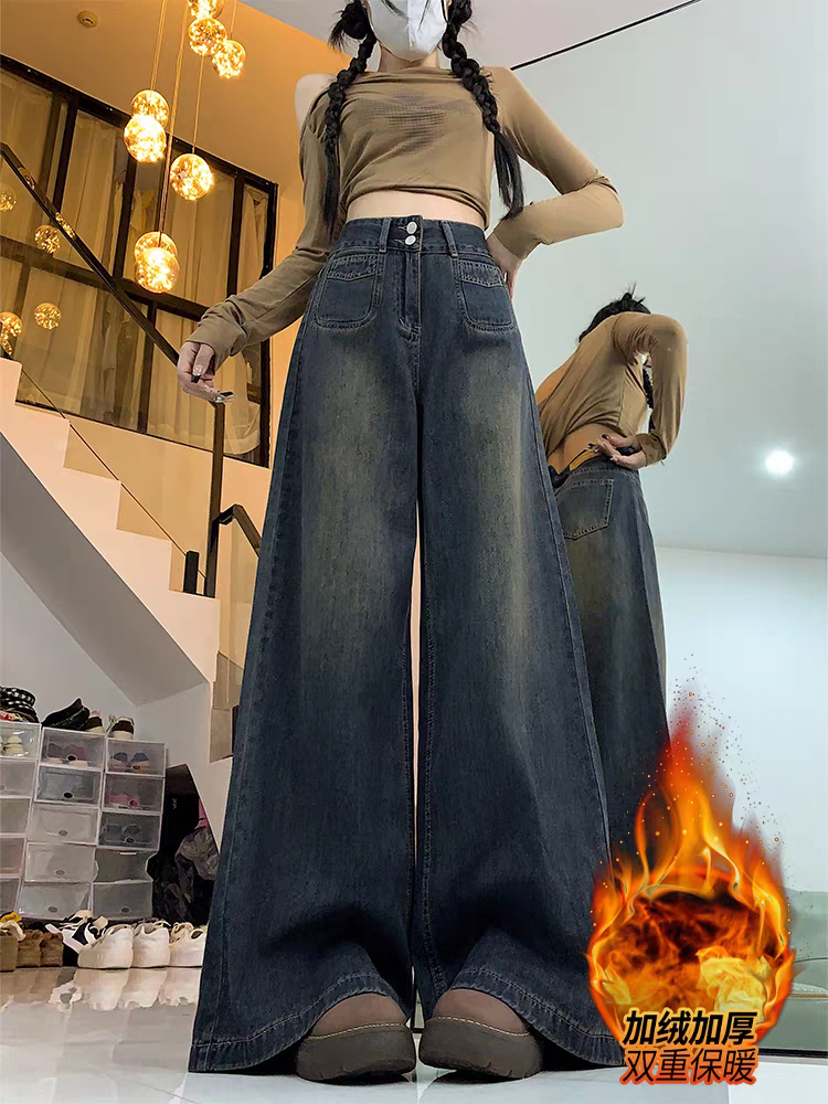2025新款加绒阔腿微辣牛仔裤B