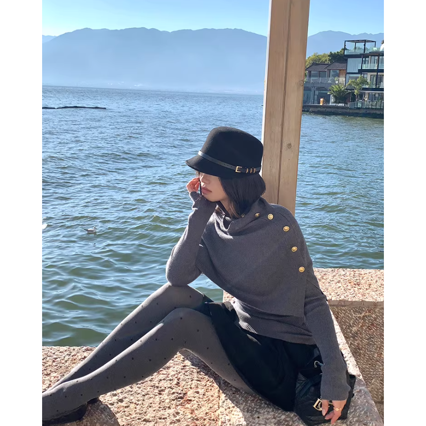 pusumede 知性优雅 黑色斗篷针织衫女披肩修身高领毛衣PSM32527