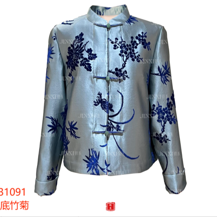 【锦系】漳绒锻新中式国风桑蚕丝立领直襟长袖上衣外套-31091