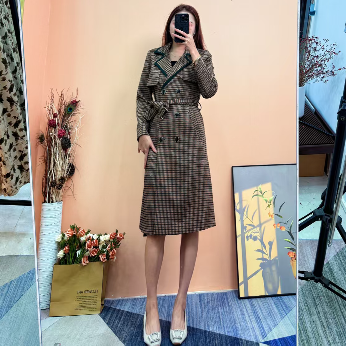 [依易原创]气质优雅简约风衣款收腰绑带拼色连衣裙C0315