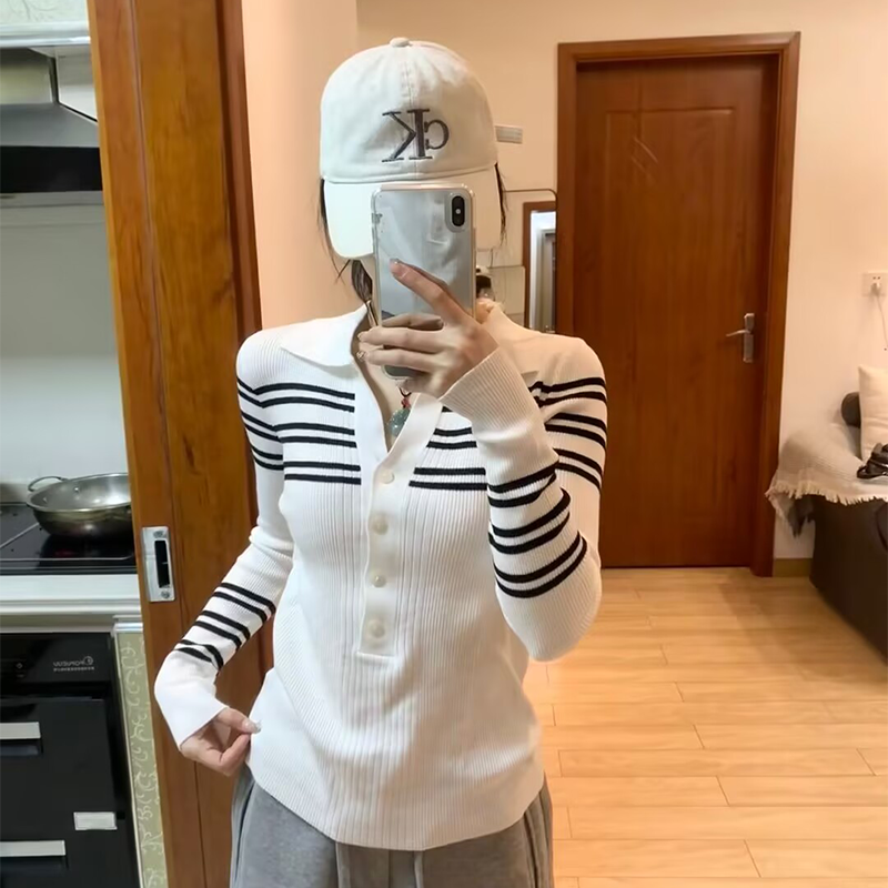 黑白条纹polo领针织打底衫女秋冬季修身显瘦软糯时尚气质v领上衣