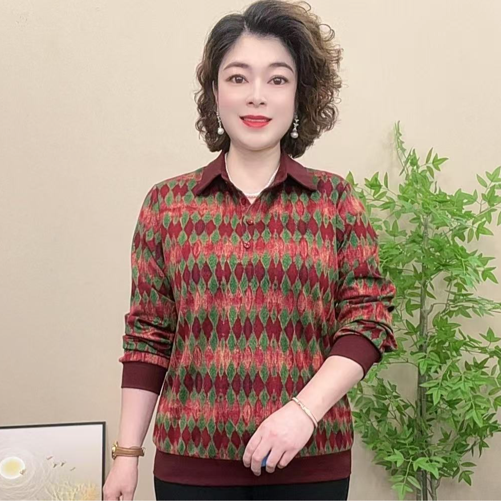 长袖妈妈装秋季中年女装宽松翻领宽流行漂亮气质显瘦百搭上衣弹力
