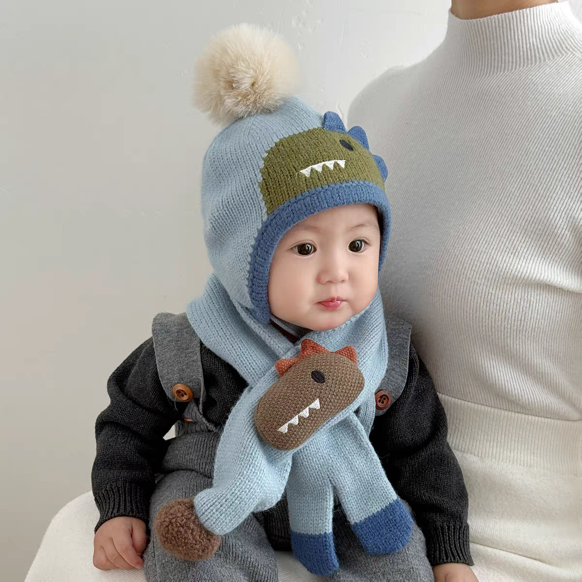 宝宝帽子冬天毛线帽围巾套装婴幼儿可爱卡通超萌加厚保暖护耳帽韩