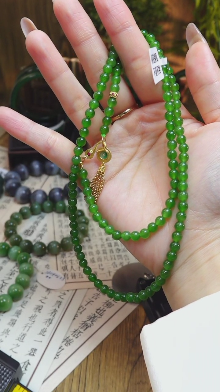 【闪购商品】和田玉项链未镶嵌HJ06024俄料老坑碧玉阳绿色卡5mm