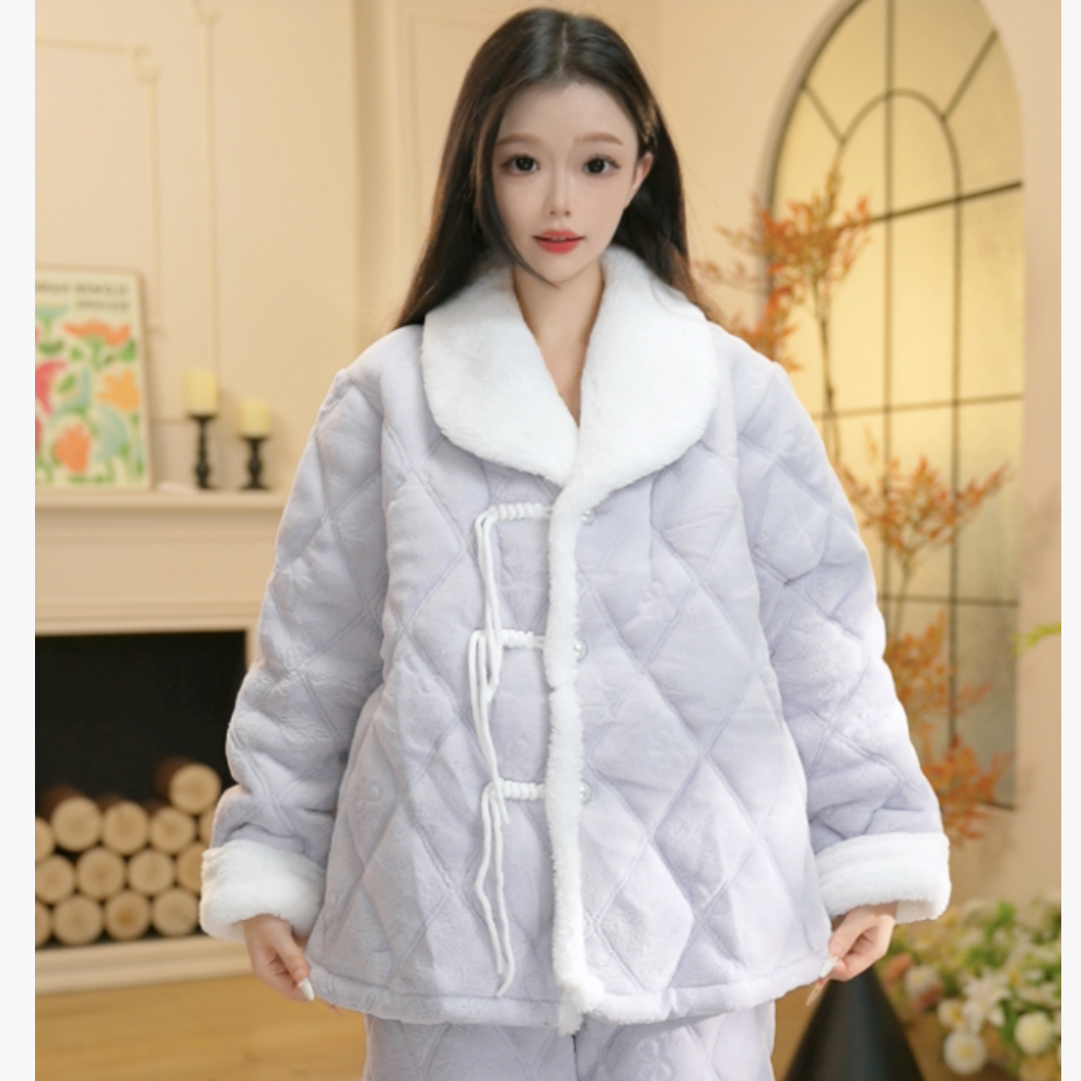 H冬季新款长袖加绒厚款家居服高颜值柔软睡衣套装