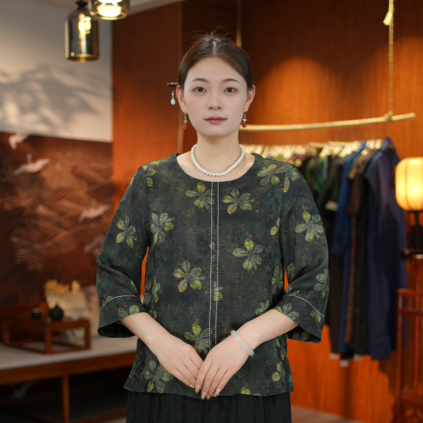 【晓景花香-上衣】设计师款圆领香云纱百搭上衣7331
