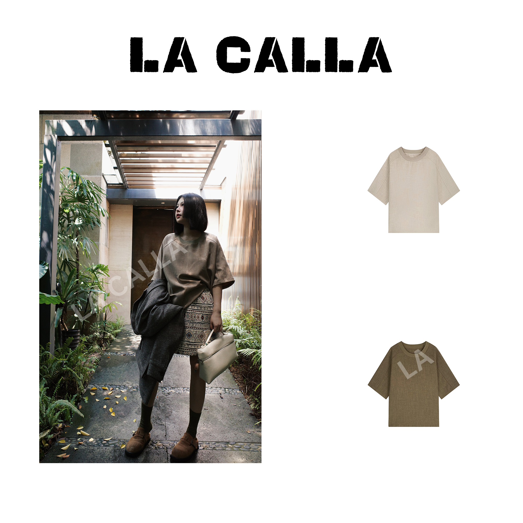 LA CALLA《特价不退不换》书梨杏色棕色设计师轻奢小众短袖YY1496