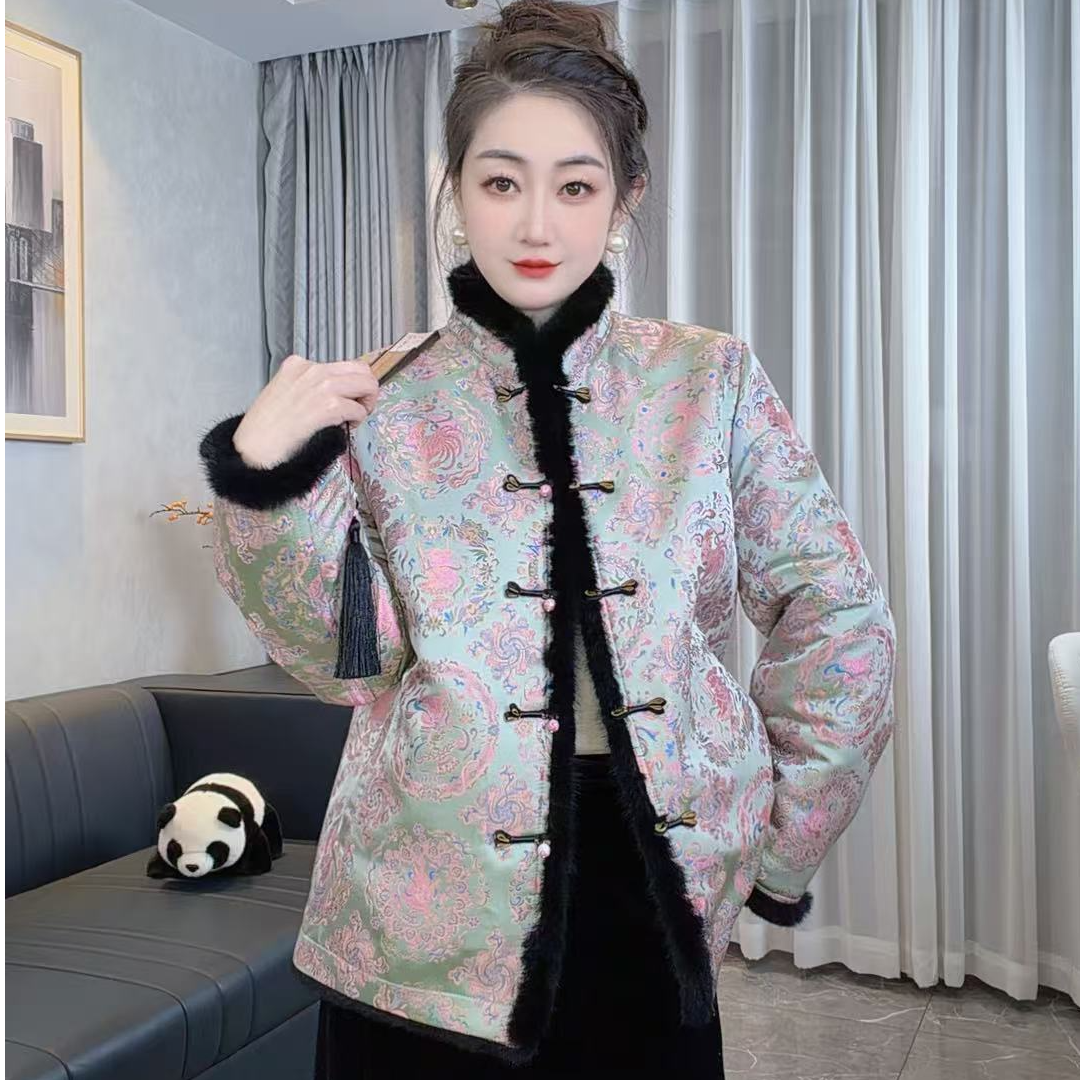 双面穿新中式冬季立领上衣水貂毛新中式唐装提花外套S059