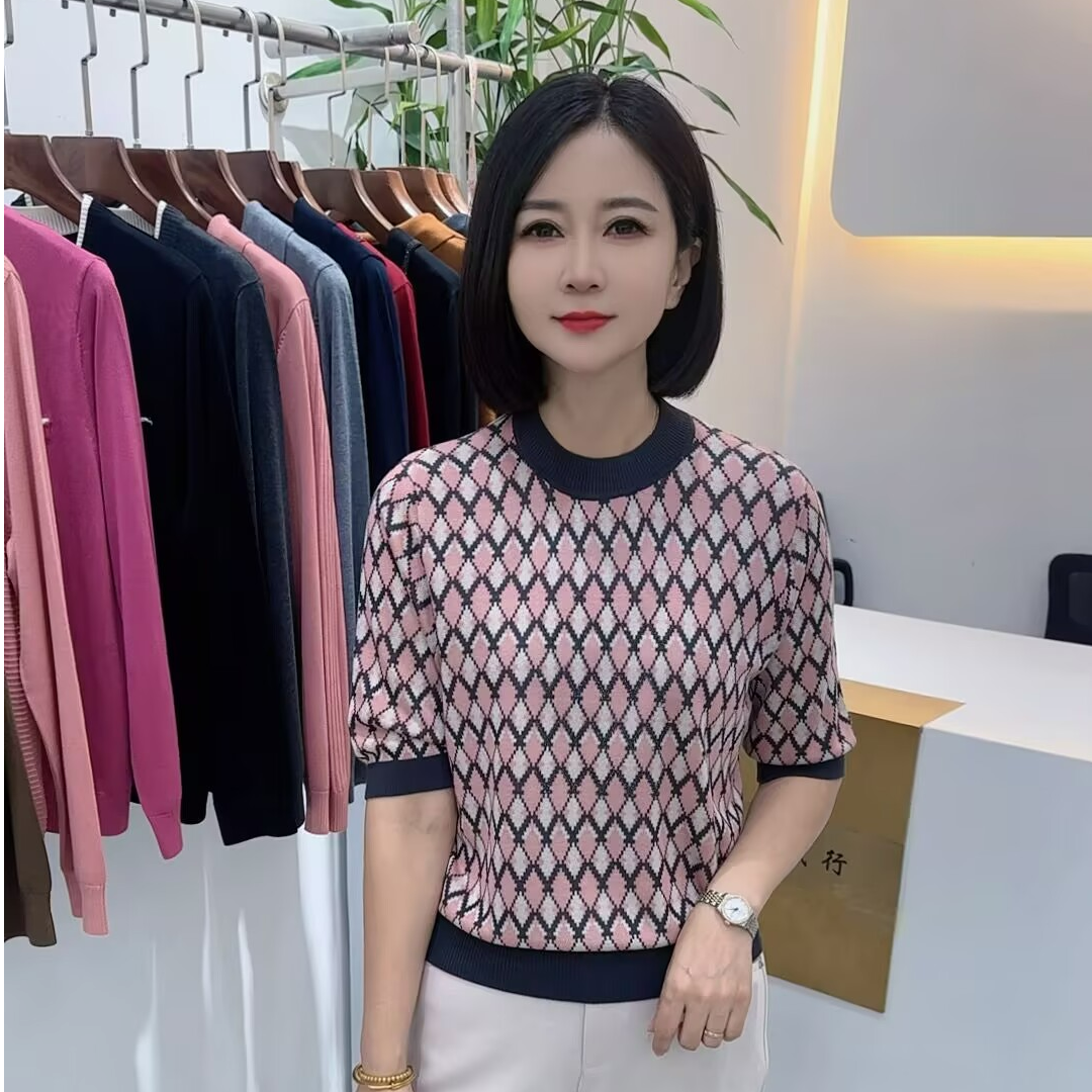 【小蒋严选】早秋新款莱赛尔天丝钉珠圆领菱形格撞色针织上衣83197