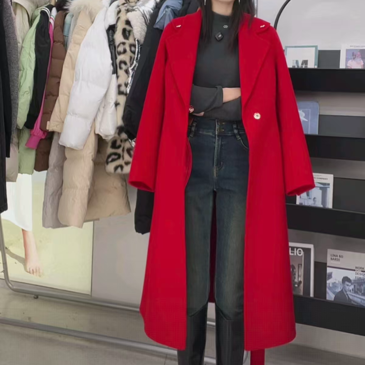 朵以冬装新款收腰双面呢大衣中长款外套红色大衣38DD739060