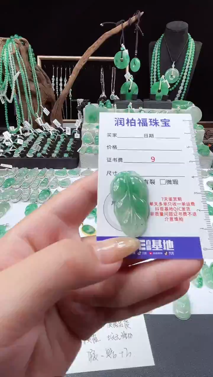 吊坠(不含链)未镶嵌石英质玉（非洲翠）24.59叶子 微瑕