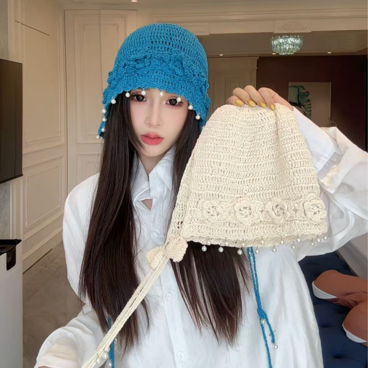 民族风手工钩织花朵珍珠流苏帽子女春秋新款镂空透气显脸小包头帽
