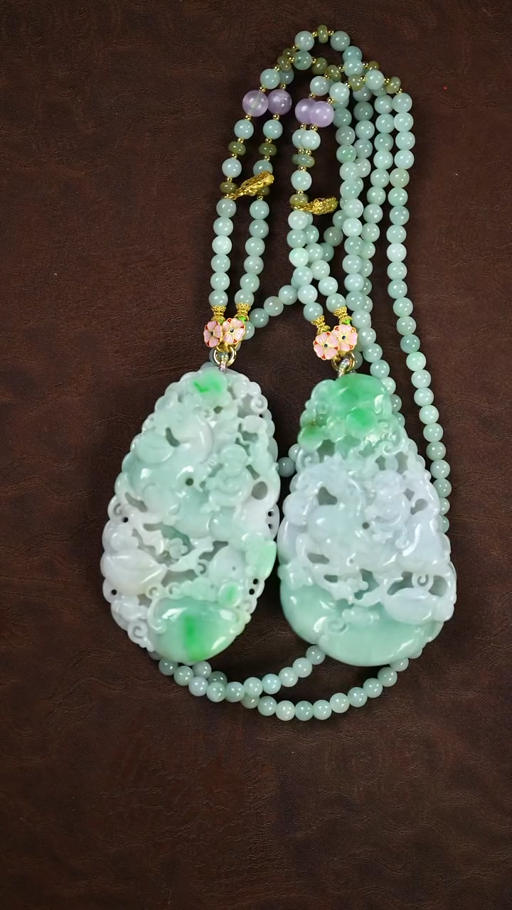 未镶嵌挂件翡翠空**兰闪购 雕刻牌一对