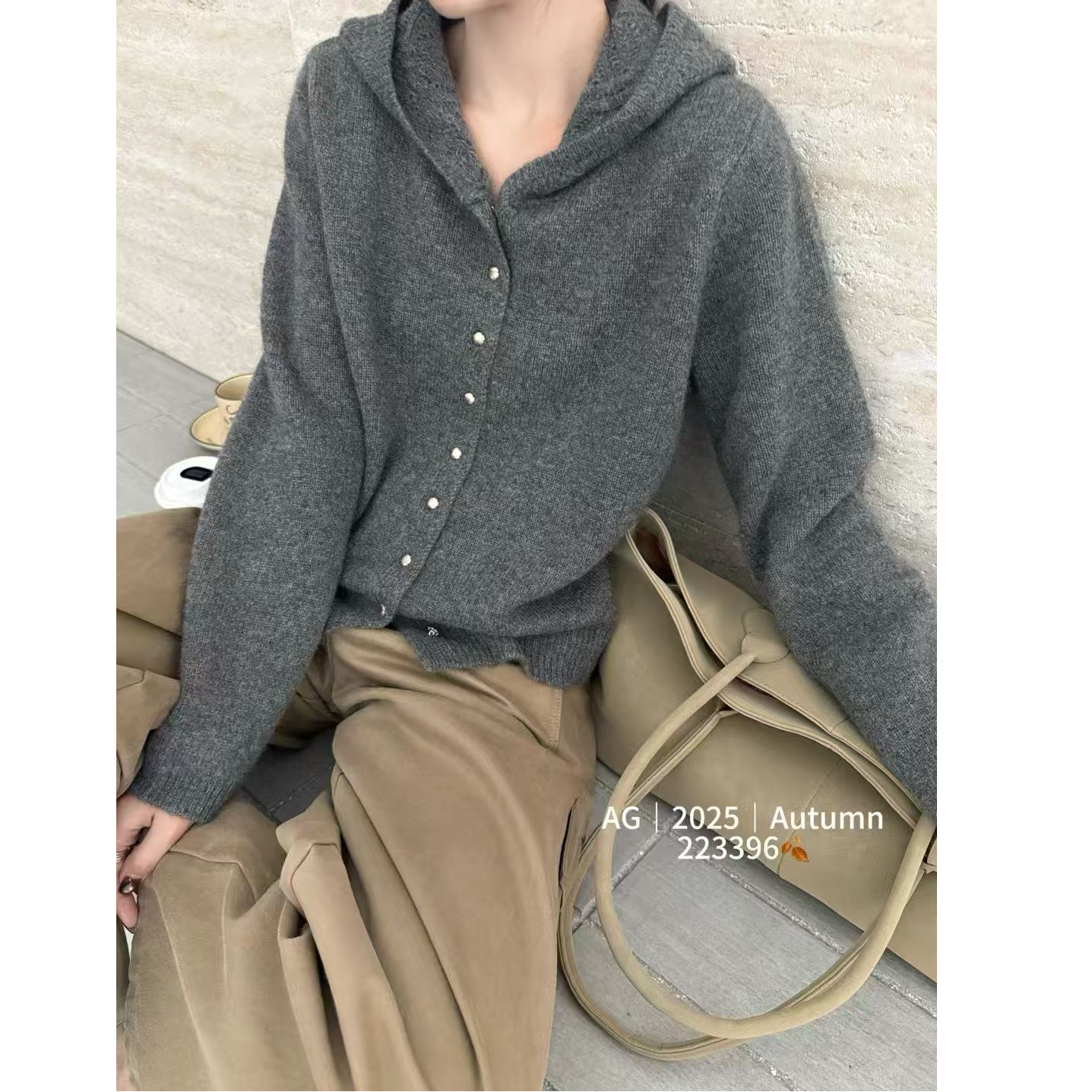 【运费补贴】【蕾丝复古】深灰色浣熊羊毛法式针织衫连帽开衫女外套