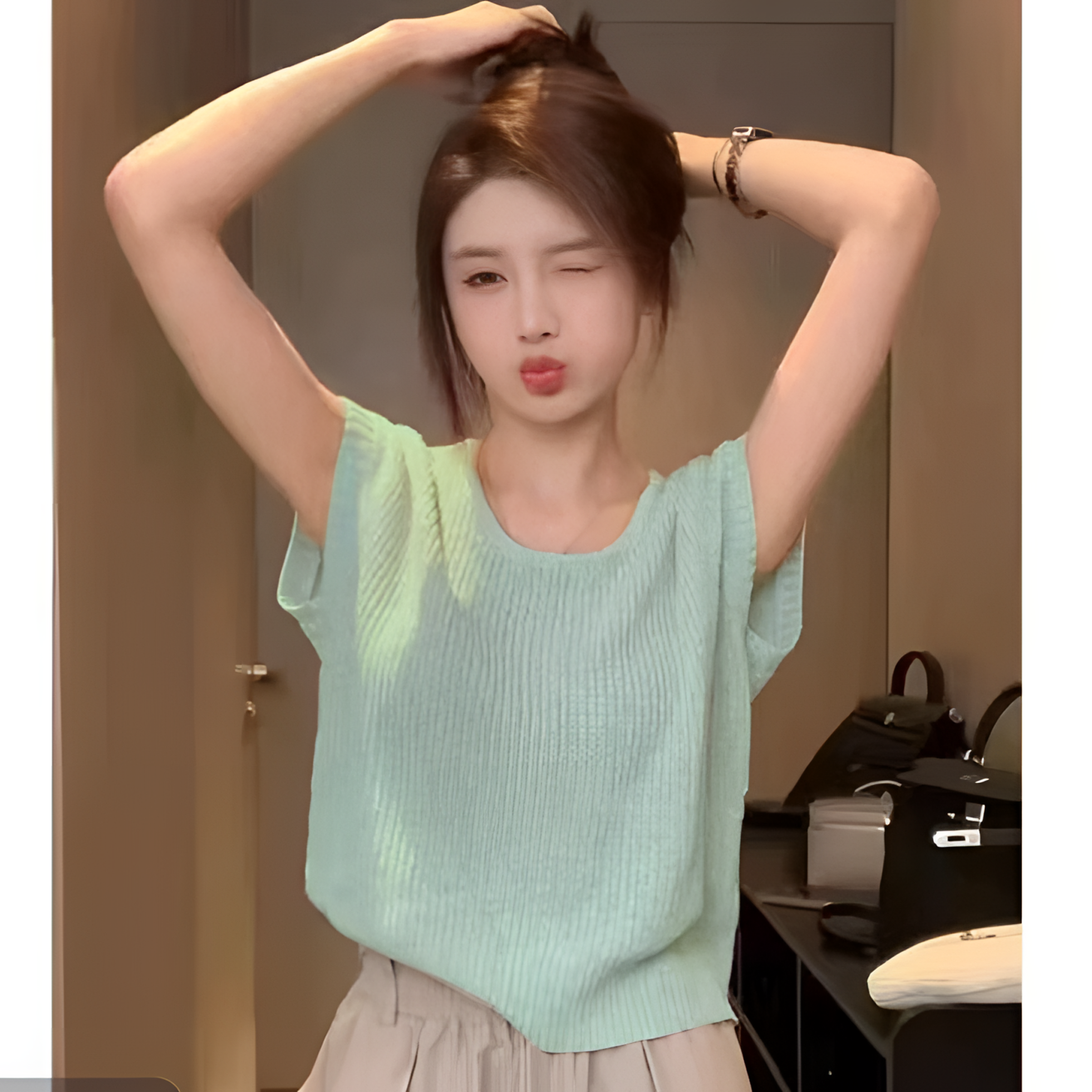 福利-拍下选择编码--夏季纯色百搭时尚外穿简约薄款显瘦针织上衣