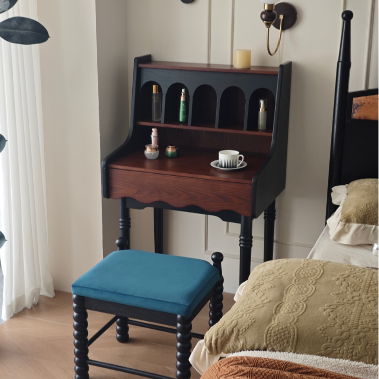 法式复古实木化妆台中古风琴卷帘梳妆台收纳柜一体小户型梳妆桌子