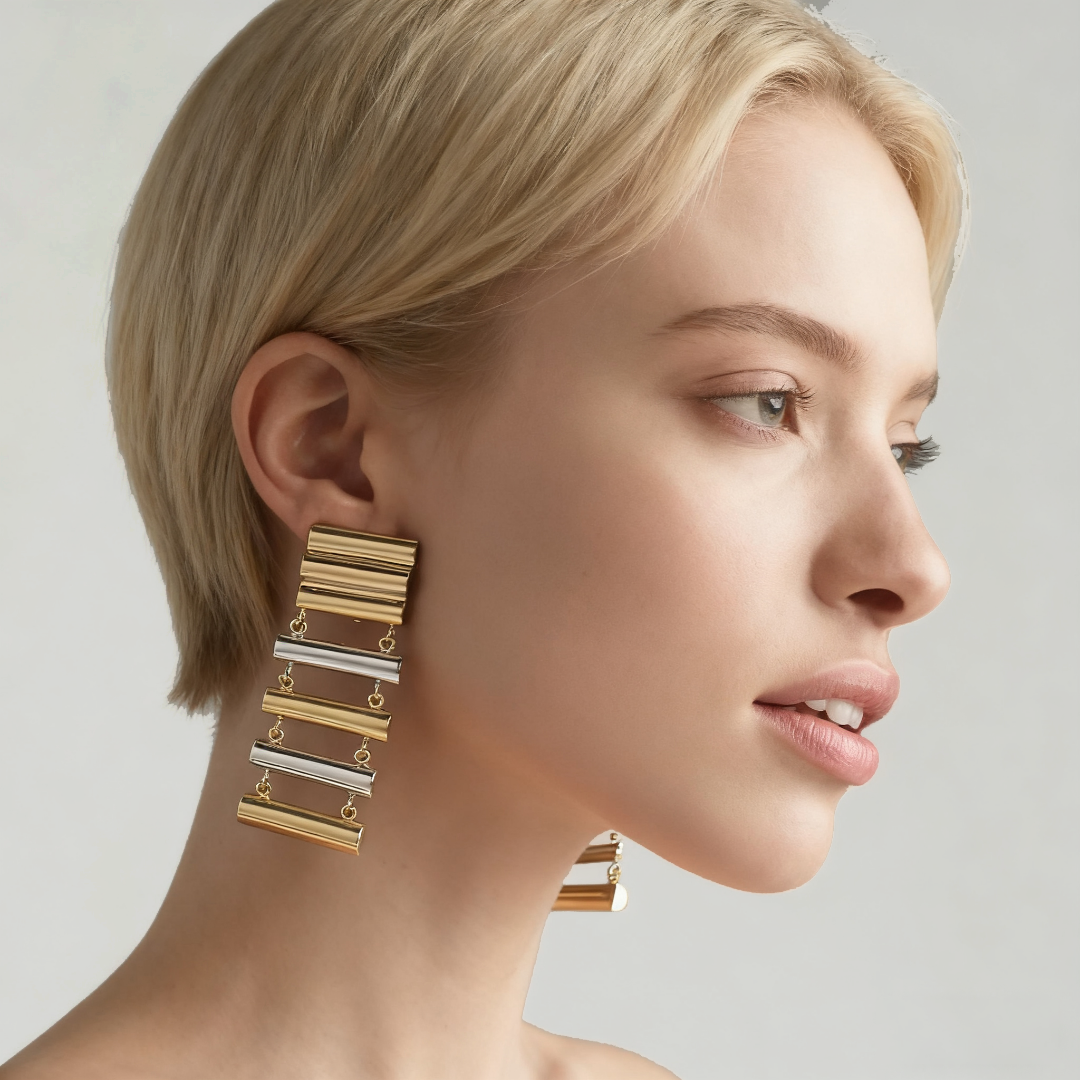 铜合金耳饰 新年夸张时尚小众设计师拼接层次撞色百搭长款耳环ins