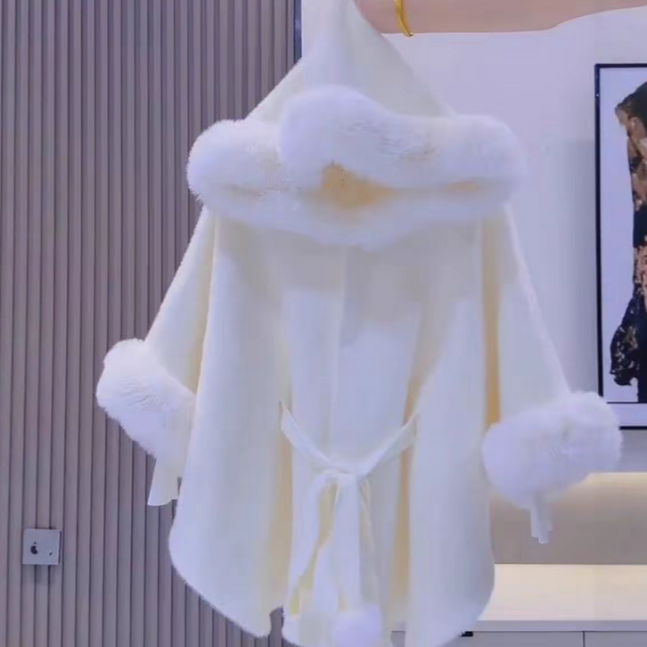 【若汐家】连帽毛领双面仿狐狸毛领斗篷秋冬毛衣新款呢大衣外套