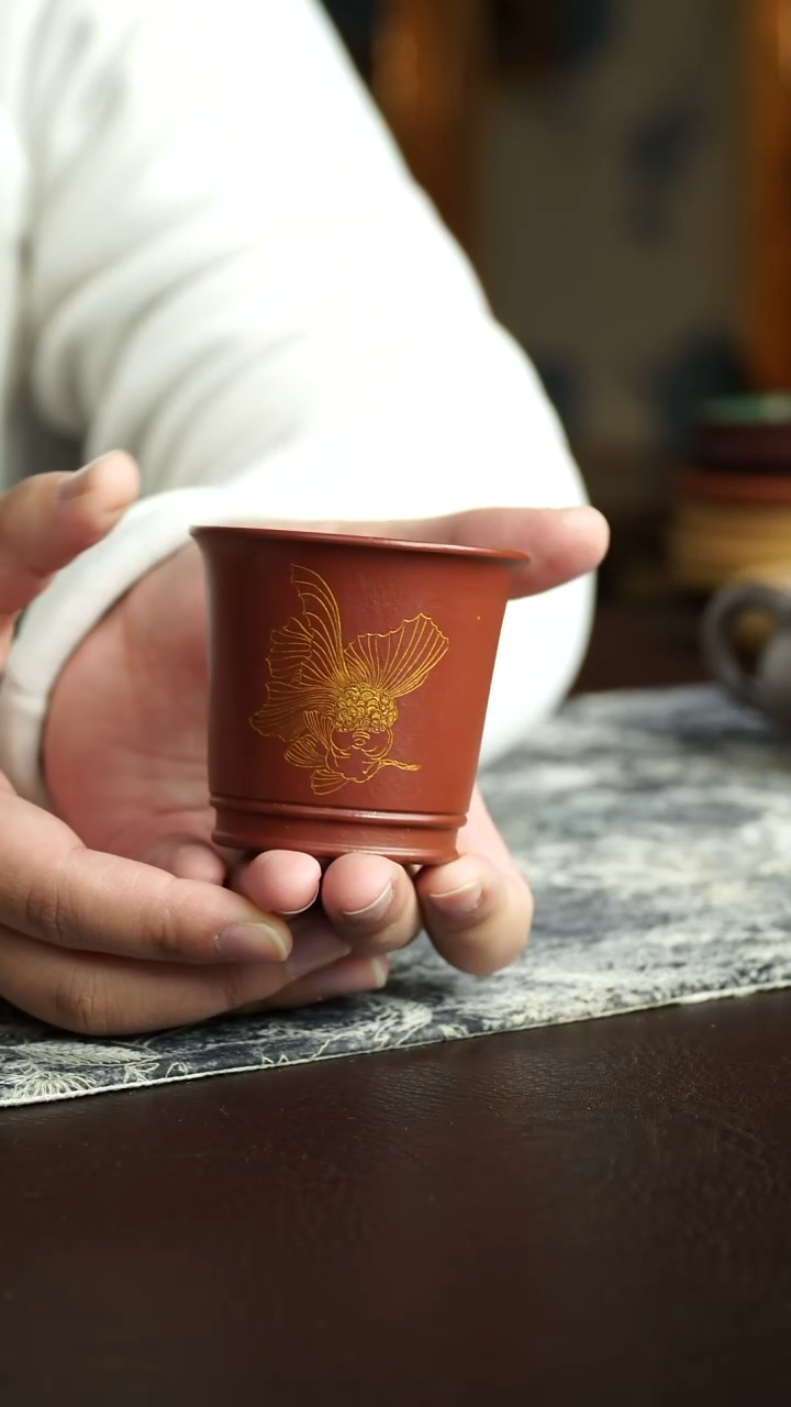 茶杯紫砂46号 朱泥手刻系列主人杯 宜兴紫砂原矿作品