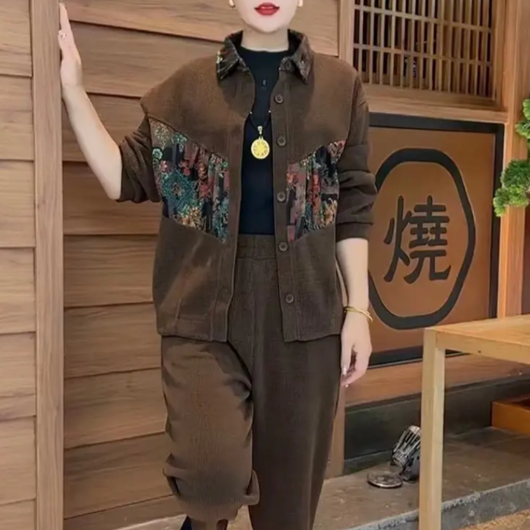 中老年妈妈春秋款开衫套装2025新款复古风印花拼接女装大码两件套