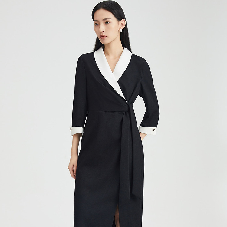 【婷婷专属】春季气商务通勤优雅系带显瘦开叉连衣裙女XF05665W0