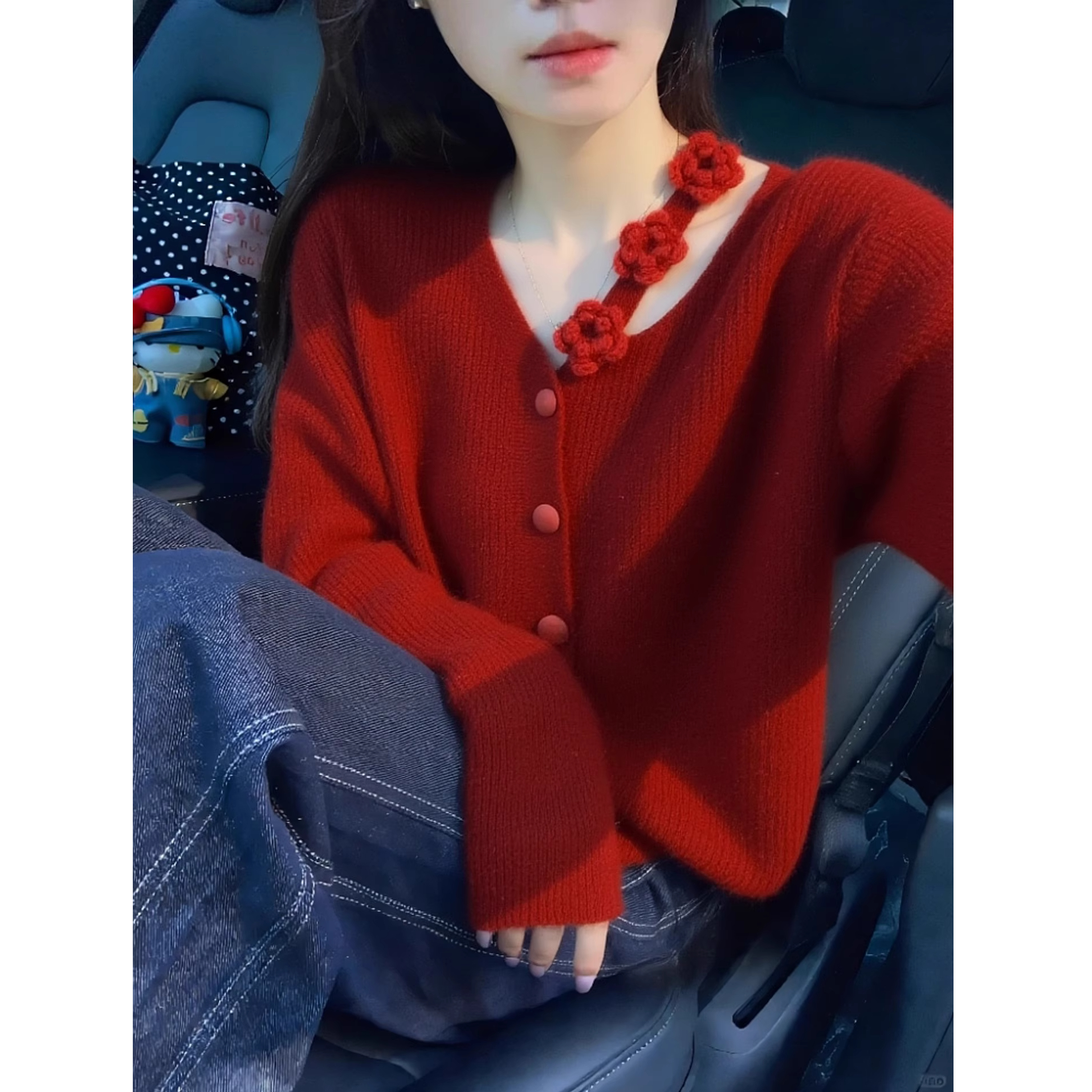 红色毛衣女秋冬慵懒风高级感独特超好看减龄气质高端软糯针织开衫