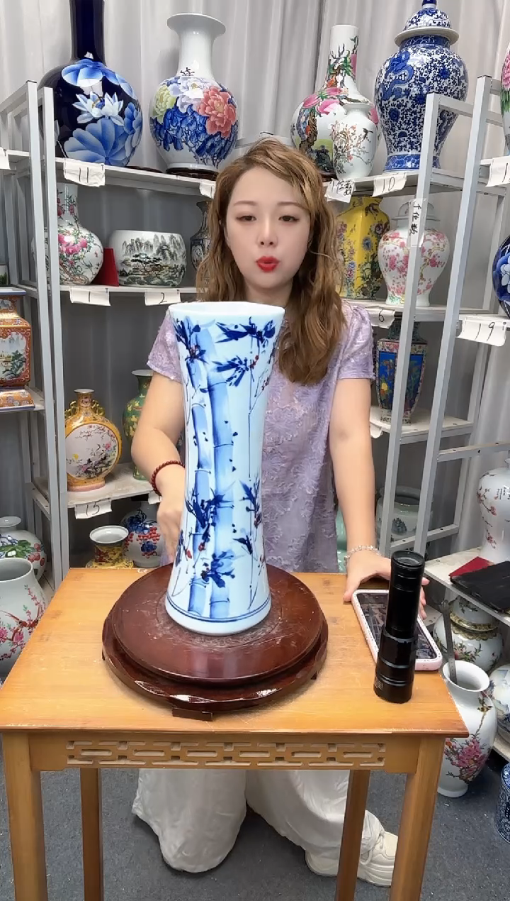 摆件景德镇手绘竹节花瓶