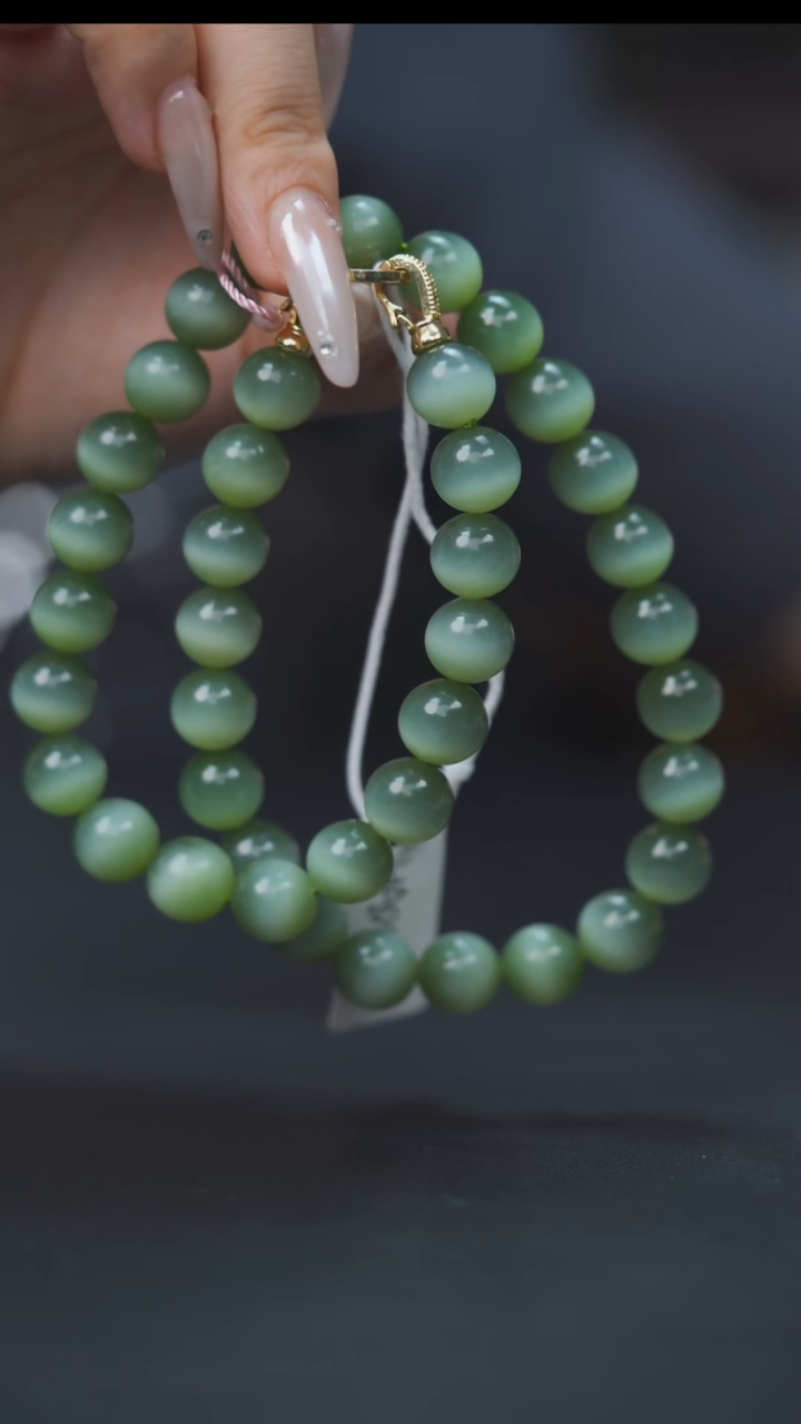 项链未镶嵌和田玉HA00596碧玉圆珠猫眼项链