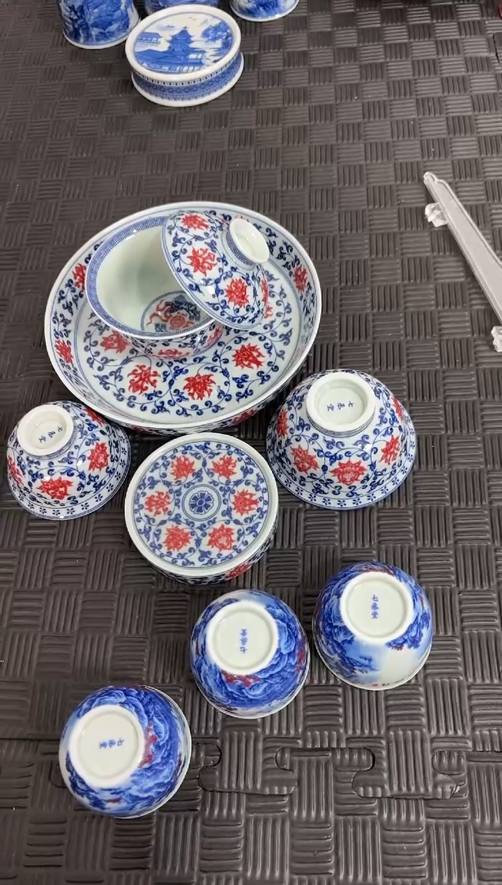 盖碗瓷老**花景德镇陶瓷茶具永乐青花釉里红缠枝莲套组多五客杯