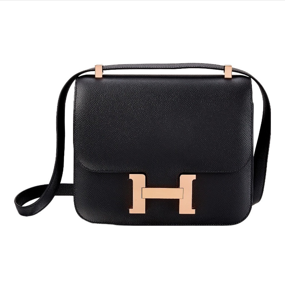 全新未使用 Hermes/爱马仕 花花 康康 19 黑色Ep皮 B刻玫瑰金扣包