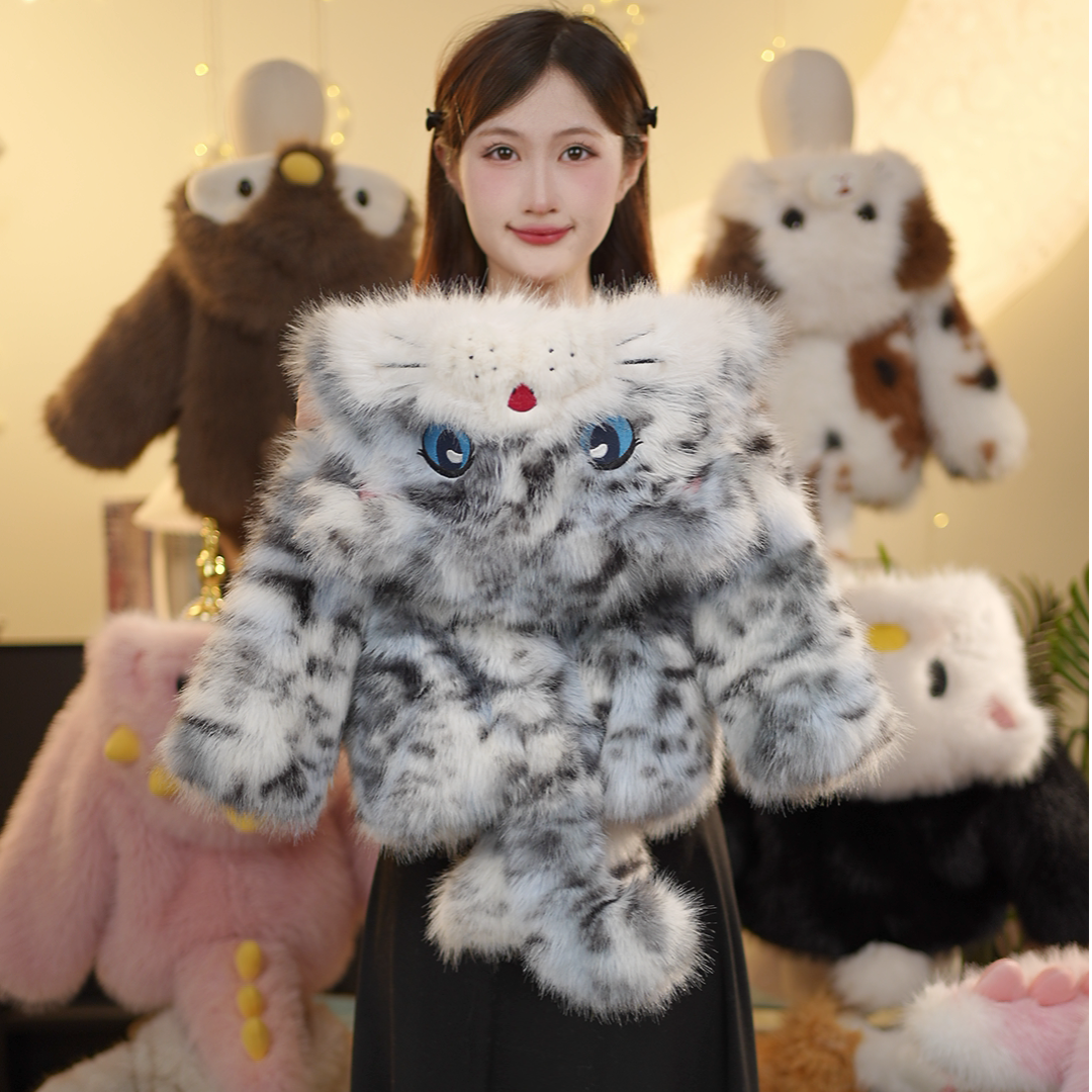 YH亲子男女童冬款毛绒毛茸茸萌宝小雪猫草草冬季保暖加厚外套