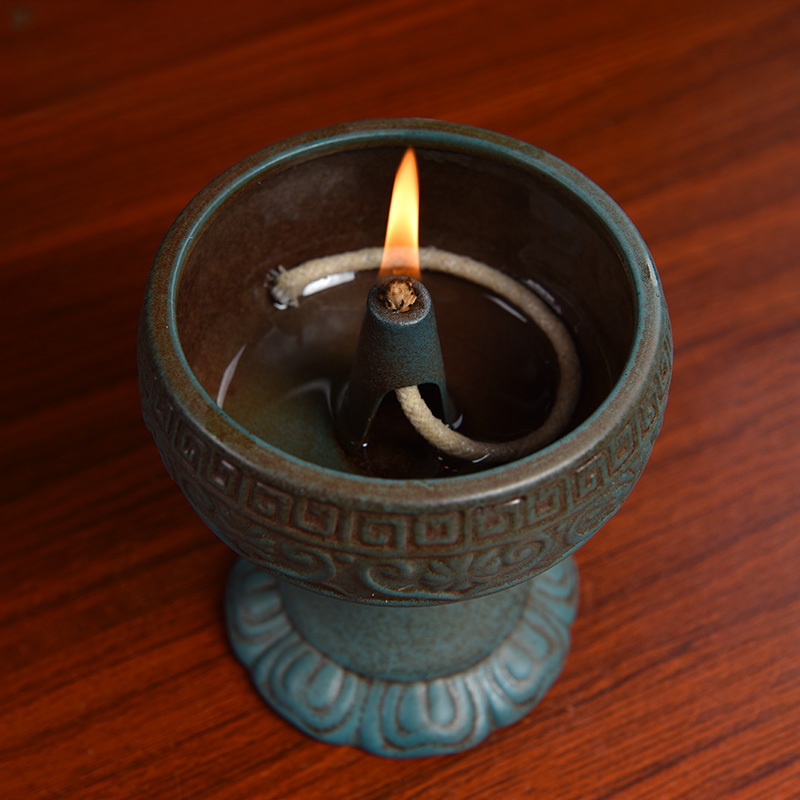 七珍德化陶瓷黑芝麻油灯酥油复/古家用长明灯莲花灯陶瓷花瓶摆