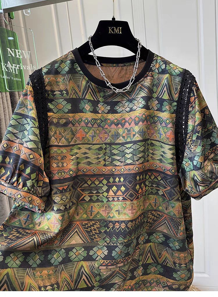 复古独特醋酸圆领印花短袖T女上衣轻薄宽松时尚气质夏季款