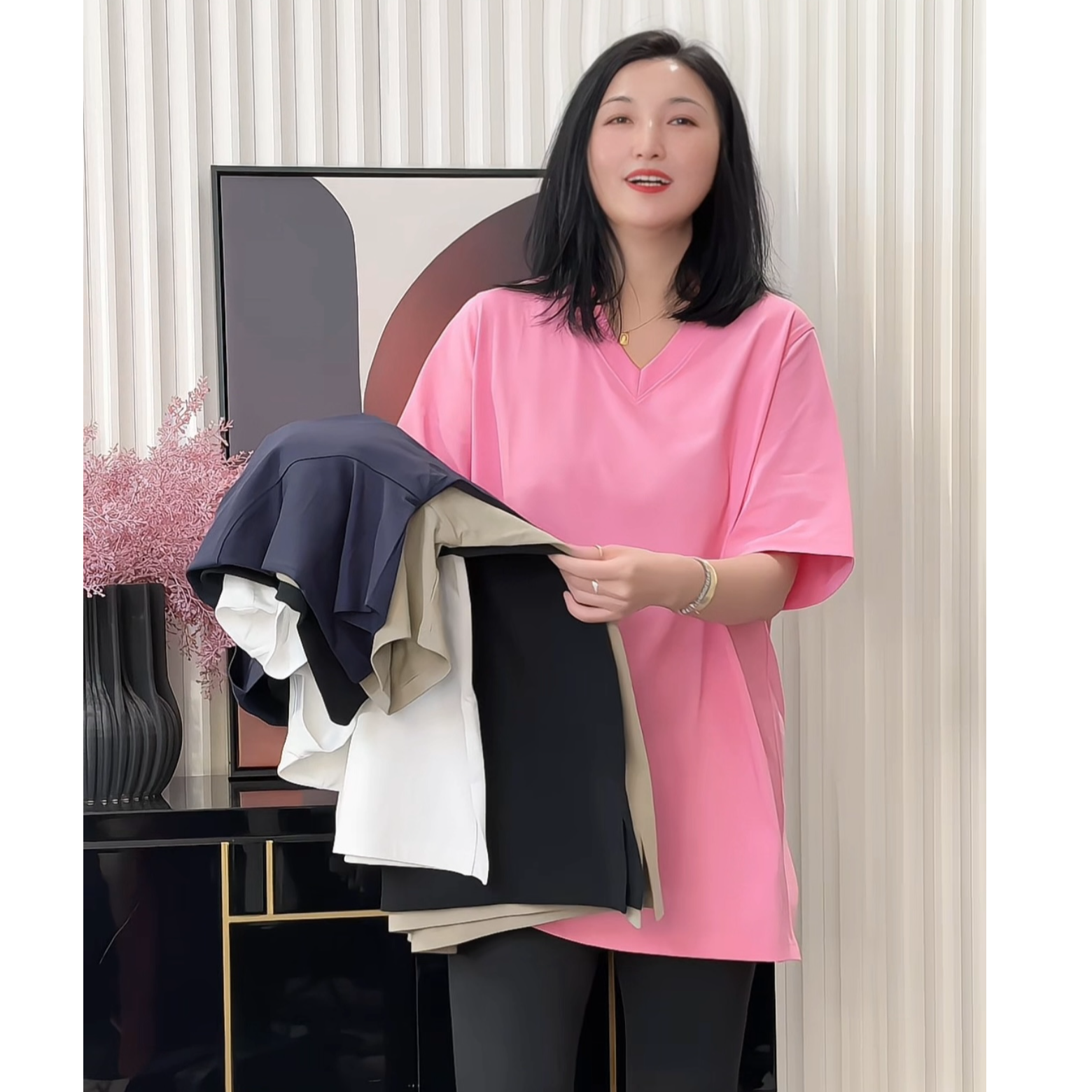 【100棉新款7156棉T】巴瑟大码女装V领宽松显瘦百搭短袖上衣