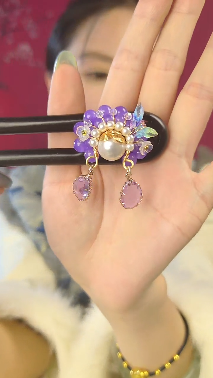 非金属木质F049紫晶晶双簪