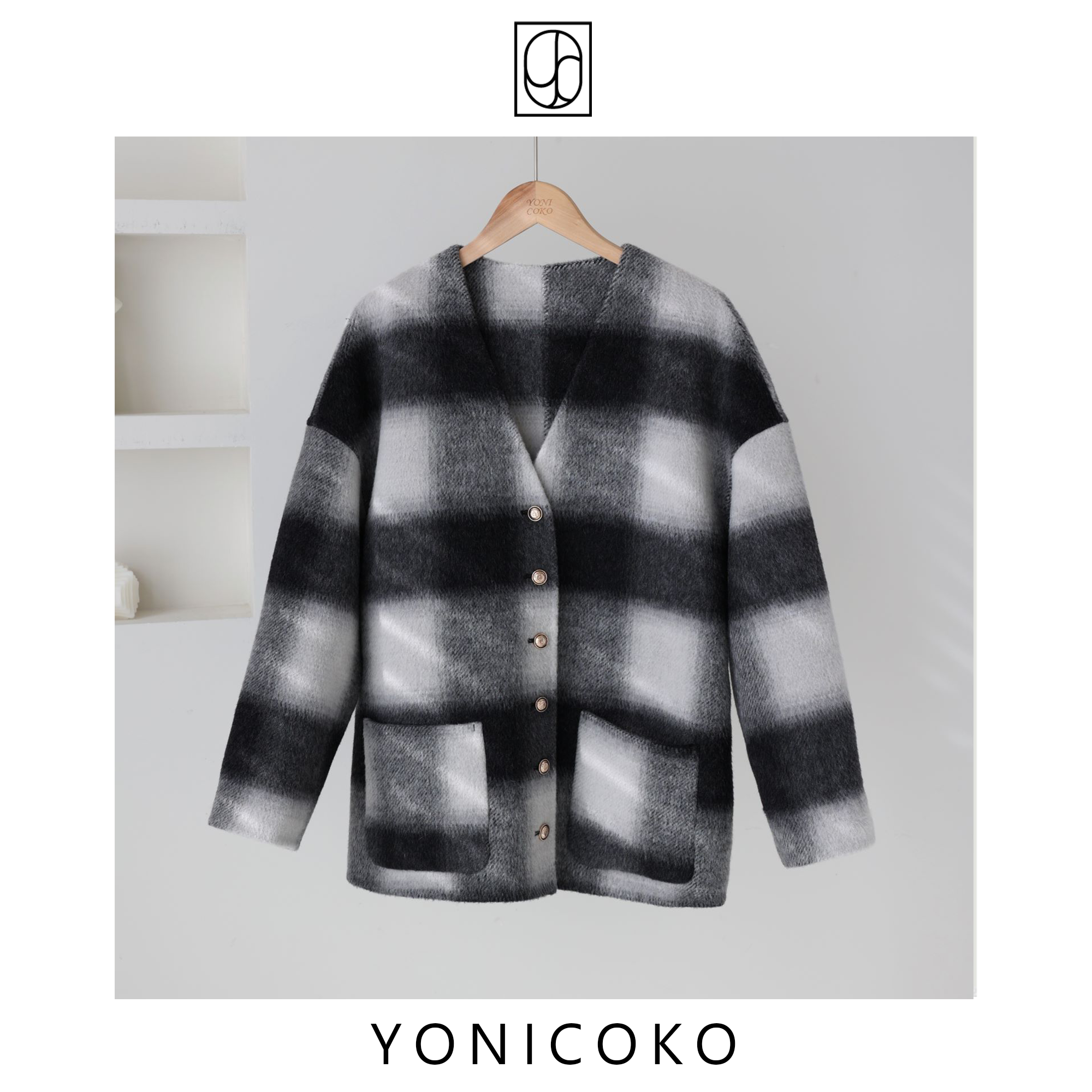 双面呢大衣外套 黑白格