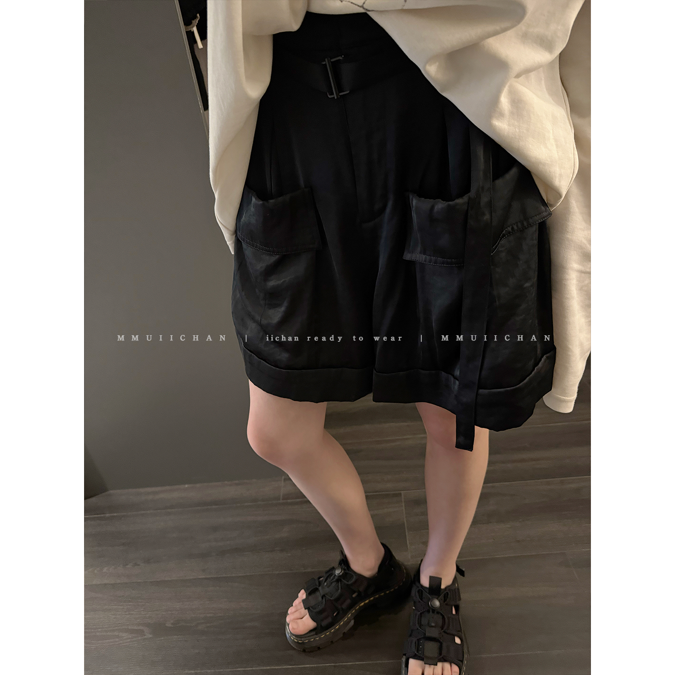 MMUIICHAN 滑溜溜的缎面短裤 凉凉的很舒服 夏日百搭大口袋帅气裤