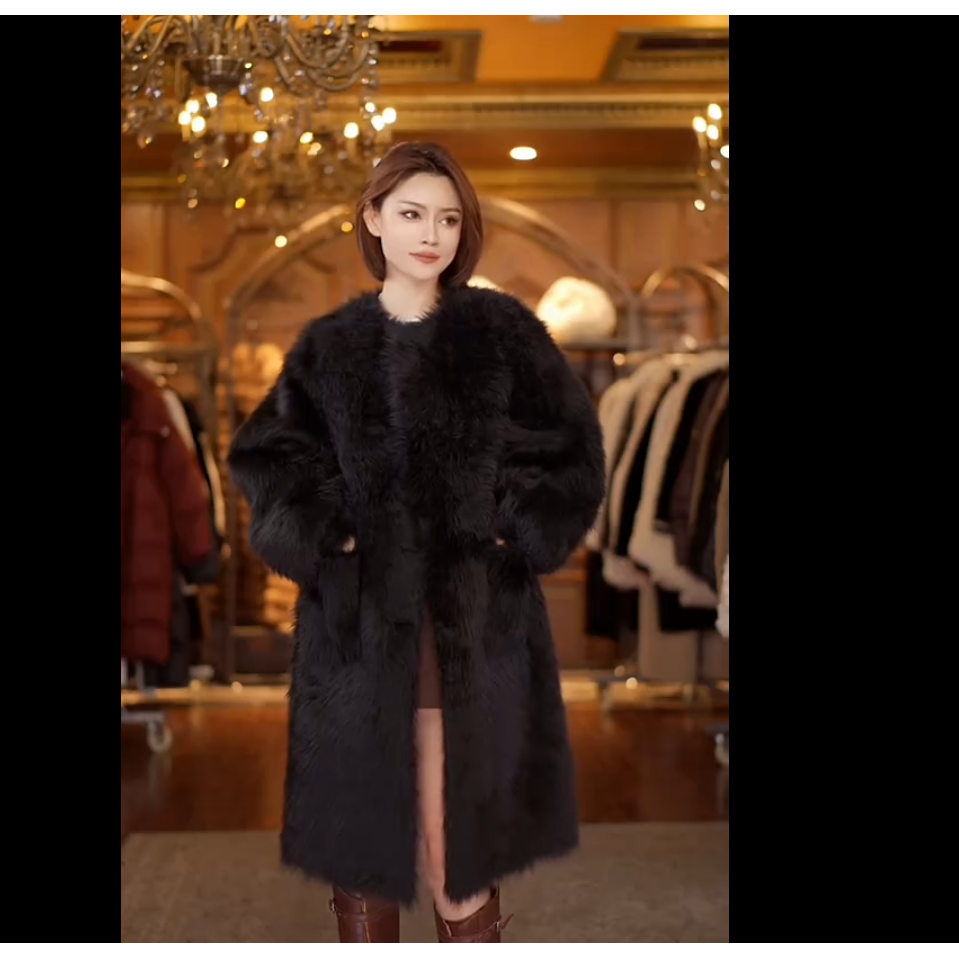 11.10 长款圆领百搭质感皮草外套 50976