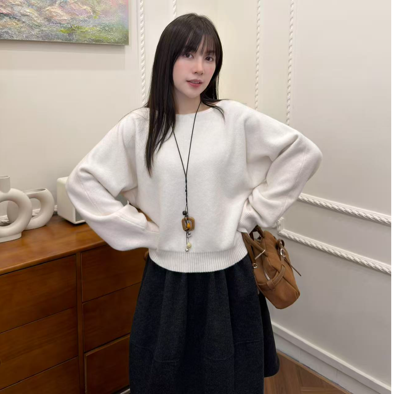 温柔气质斜肩显瘦纯色针织毛衣#606347