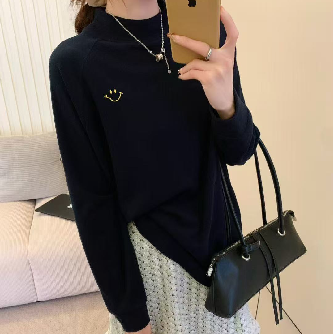 91358笑脸刺绣半高领双面德绒果冻绒打底衫女