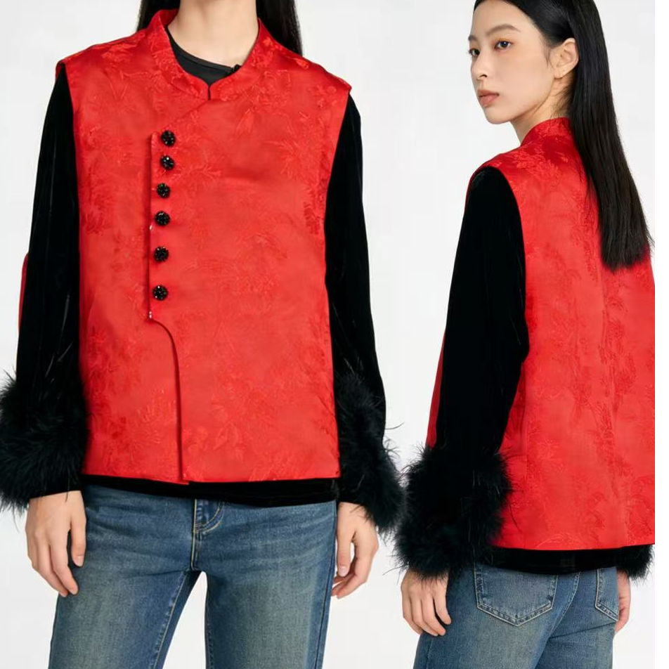 新年真丝本命年旗袍马夹单件不加棉春季新款喜上眉梢马甲大码