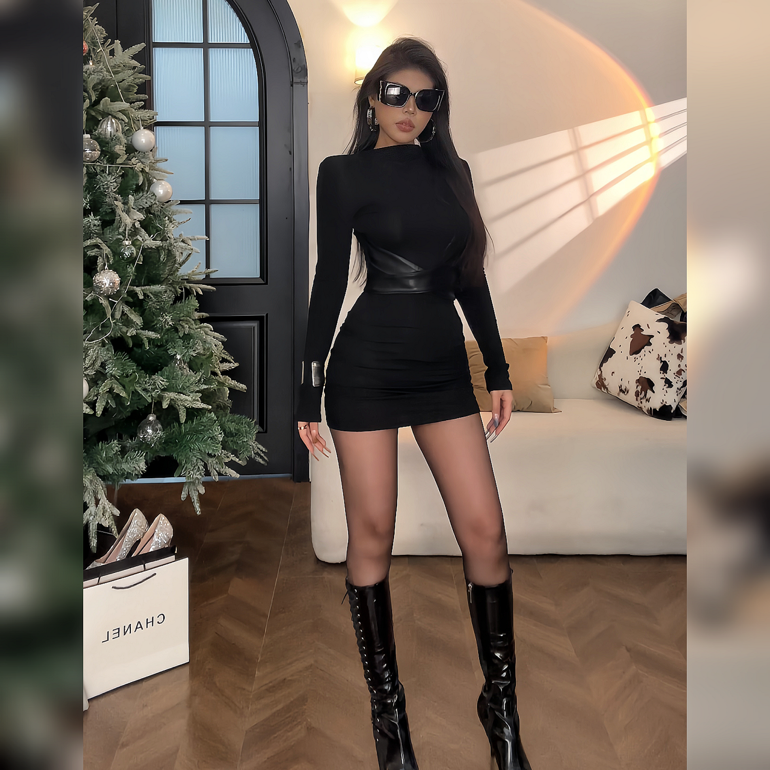 赛勒斯的爱 欧美辣妹长袖半高领绑带包臀连衣裙 zia005