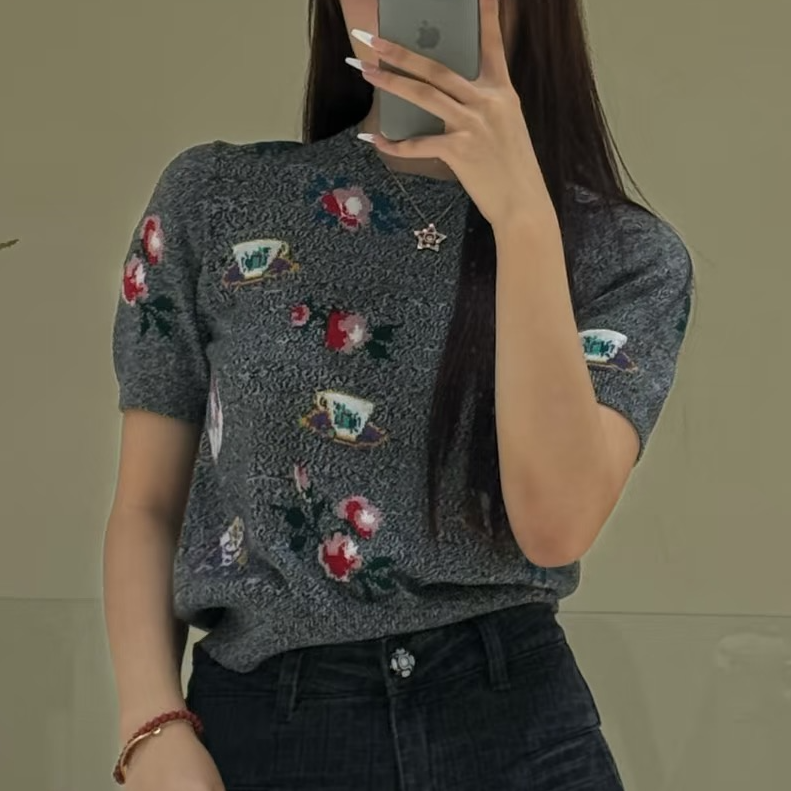 99新 Chanel/香奈儿 36码24A灰色拼彩色小茶壶图案针织短袖上衣