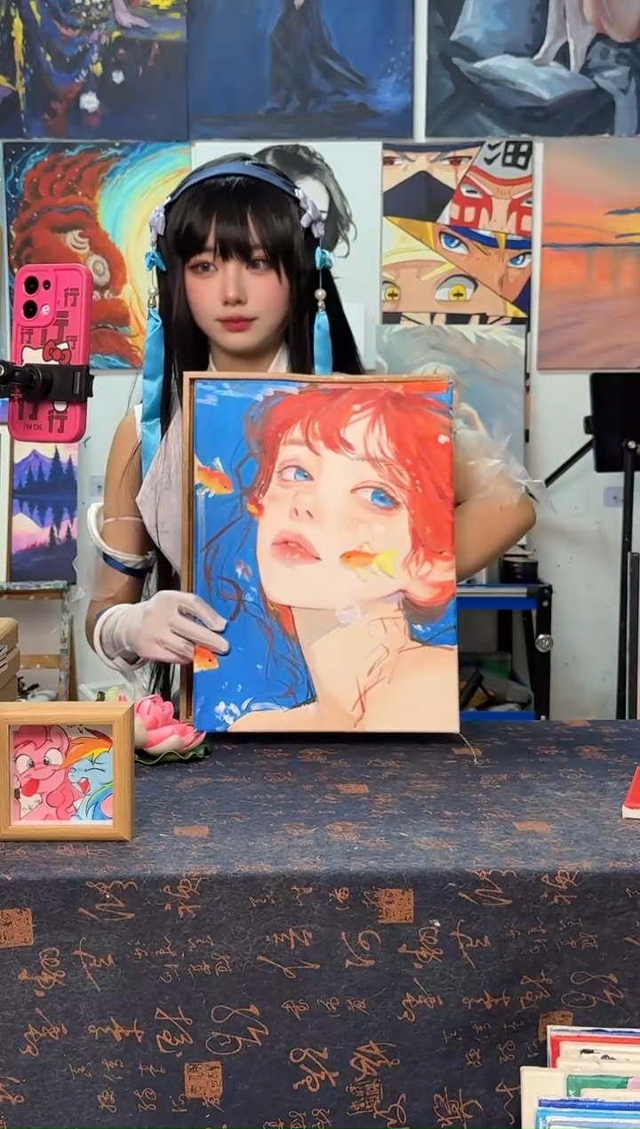 丙烯画鸡***柿金鱼美女丙烯画y加框