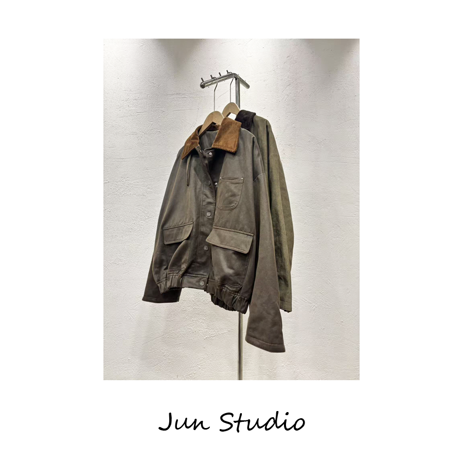 ICE - 100棉 设计师款 洗水做旧 灯芯绒翻领拼色 短款夹克外套